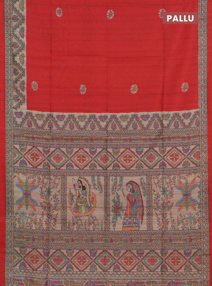 Semi tussar saree red and cream with butta prints and madhubani printed pallu & border