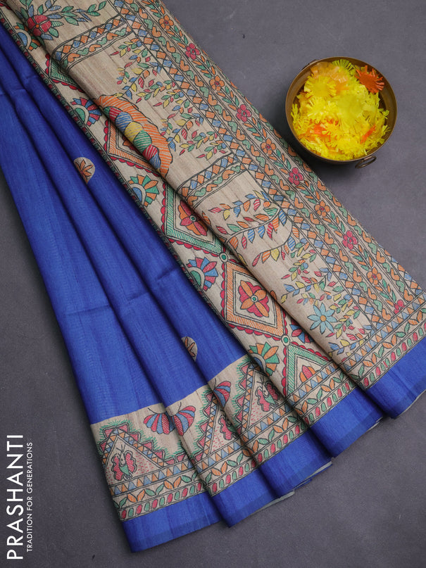 Semi tussar saree blue and cream with butta prints and madhubani printed pallu & border