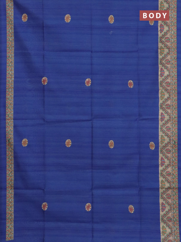 Semi tussar saree blue and cream with butta prints and madhubani printed pallu & border