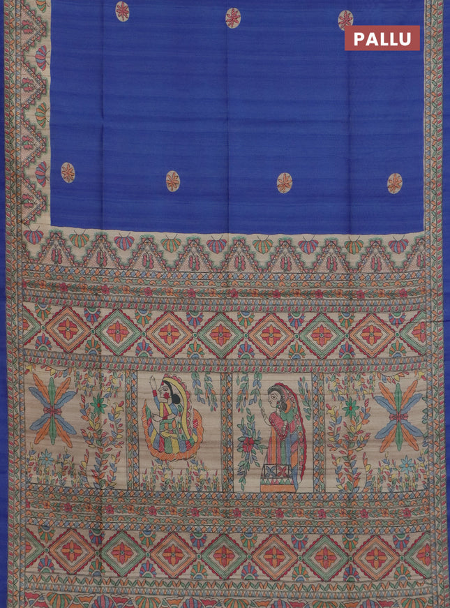 Semi tussar saree blue and cream with butta prints and madhubani printed pallu & border