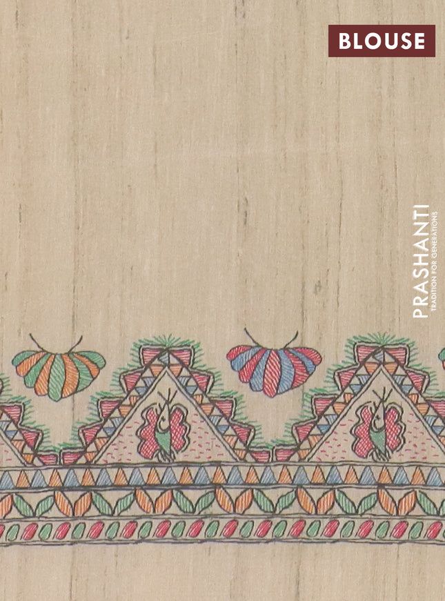 Semi tussar saree blue and cream with butta prints and madhubani printed pallu & border
