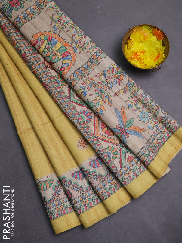 Semi tussar saree mustard yellow and cream with butta prints and madhubani printed pallu & border