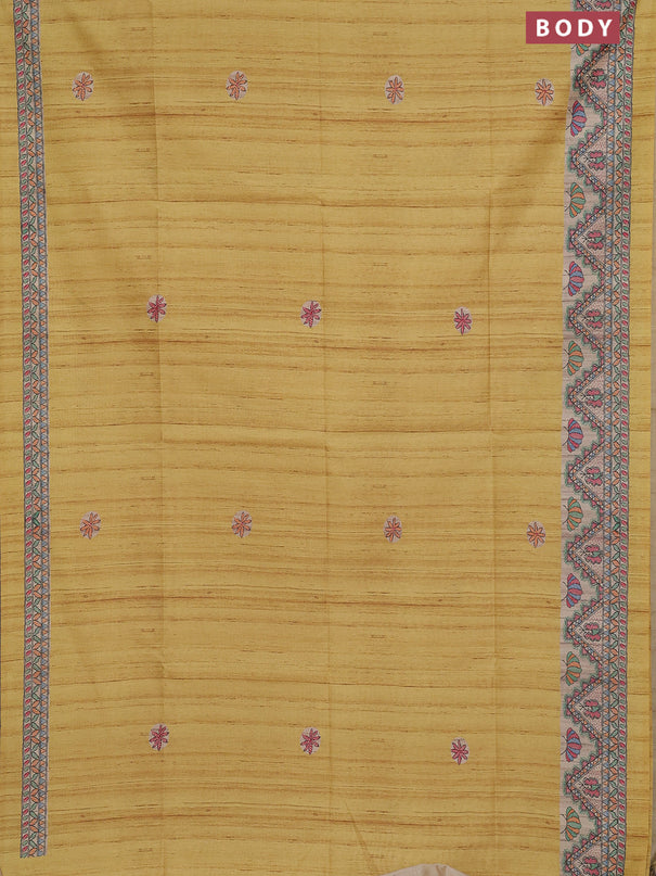 Semi tussar saree mustard yellow and cream with butta prints and madhubani printed pallu & border