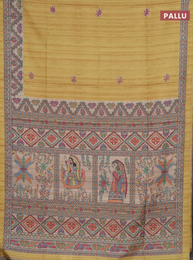 Semi tussar saree mustard yellow and cream with butta prints and madhubani printed pallu & border