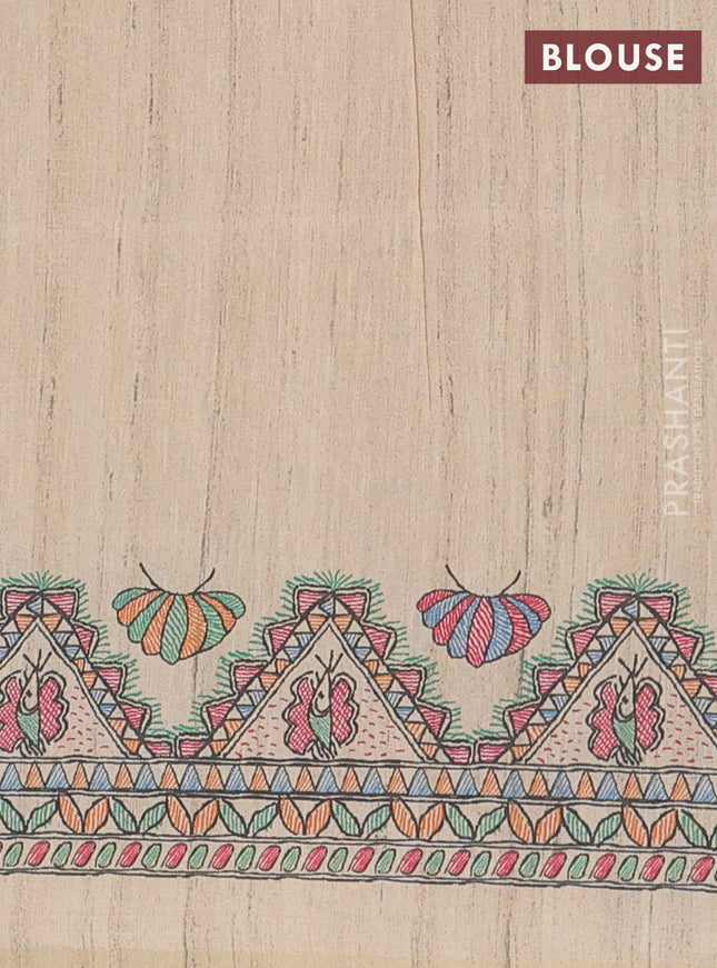 Semi tussar saree mustard yellow and cream with butta prints and madhubani printed pallu & border