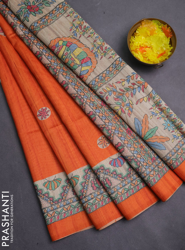 Semi tussar saree orange and cream with butta prints and madhubani printed pallu & border