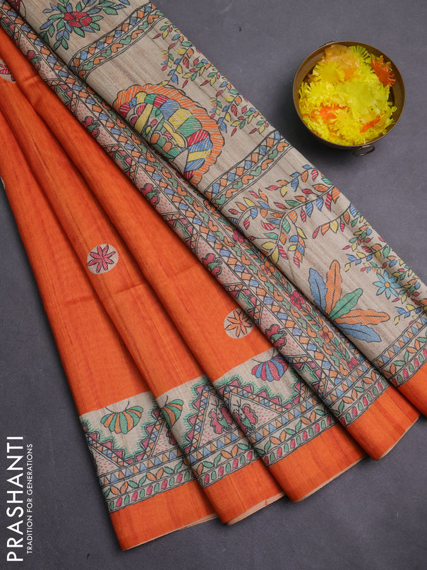 Semi tussar saree orange and cream with butta prints and madhubani printed pallu & border
