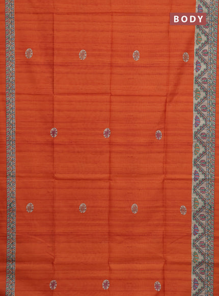 Semi tussar saree orange and cream with butta prints and madhubani printed pallu & border
