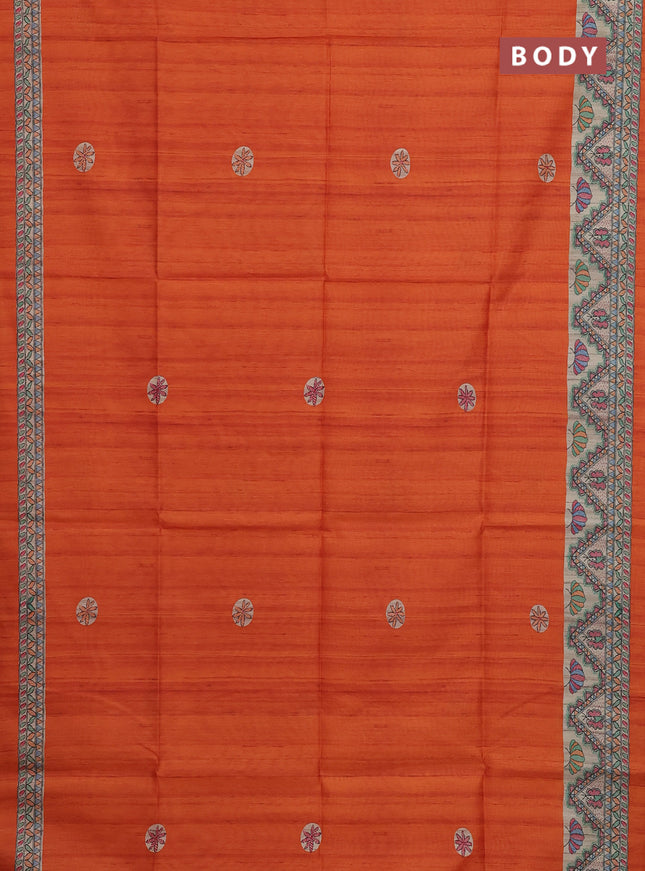 Semi tussar saree orange and cream with butta prints and madhubani printed pallu & border