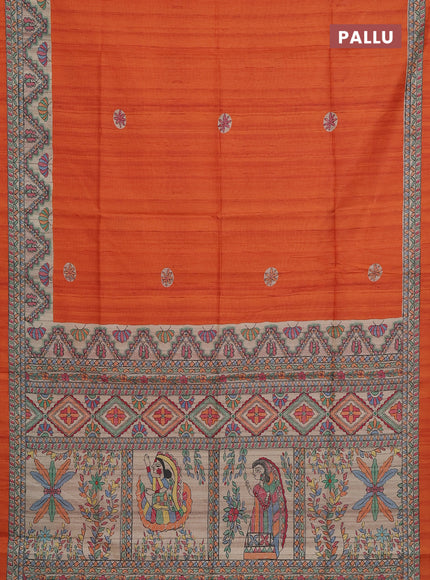 Semi tussar saree orange and cream with butta prints and madhubani printed pallu & border