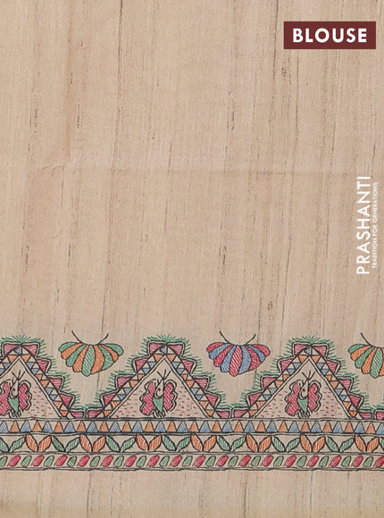 Semi tussar saree orange and cream with butta prints and madhubani printed pallu & border