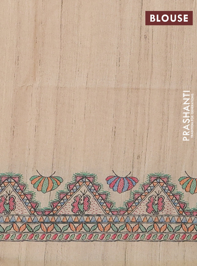 Semi tussar saree orange and cream with butta prints and madhubani printed pallu & border