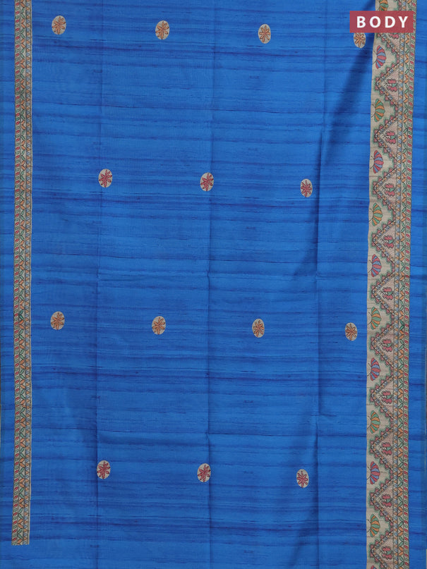 Semi tussar saree blue and cream with butta prints and madhubani printed pallu & border