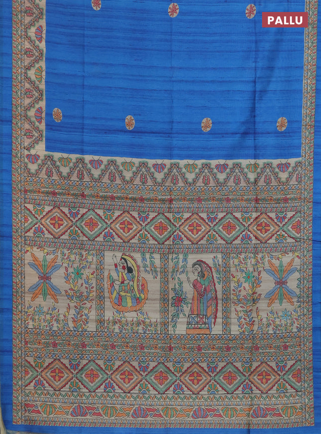 Semi tussar saree blue and cream with butta prints and madhubani printed pallu & border