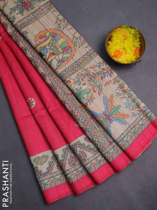 Semi tussar saree pink and cream with butta prints and madhubani printed pallu & border