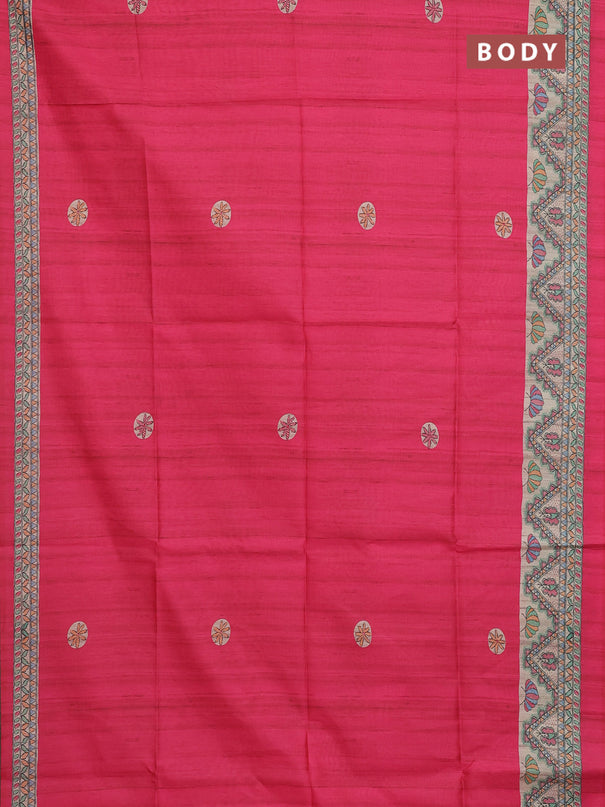 Semi tussar saree pink and cream with butta prints and madhubani printed pallu & border