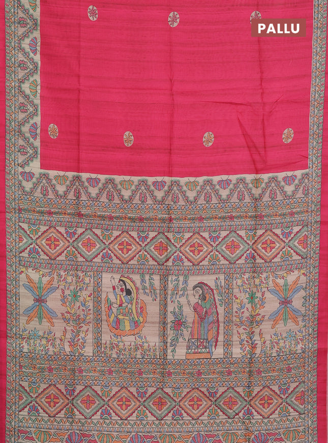 Semi tussar saree pink and cream with butta prints and madhubani printed pallu & border