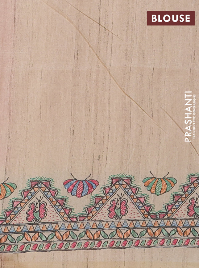 Semi tussar saree pink and cream with butta prints and madhubani printed pallu & border
