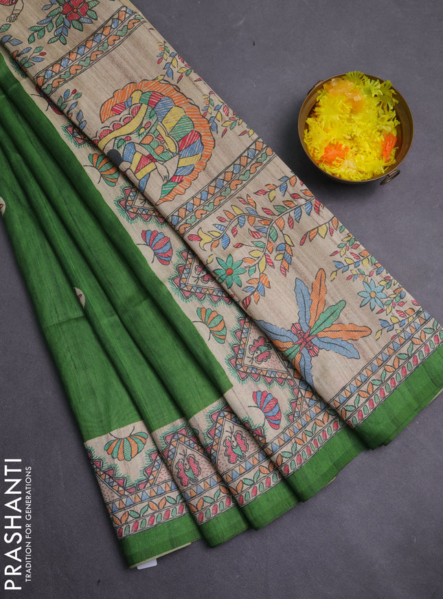 Semi tussar saree green and cream with butta prints and madhubani printed pallu & border