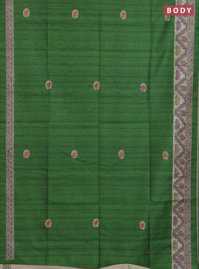 Semi tussar saree green and cream with butta prints and madhubani printed pallu & border