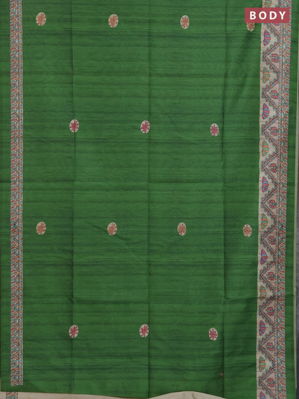 Semi tussar saree green and cream with butta prints and madhubani printed pallu & border