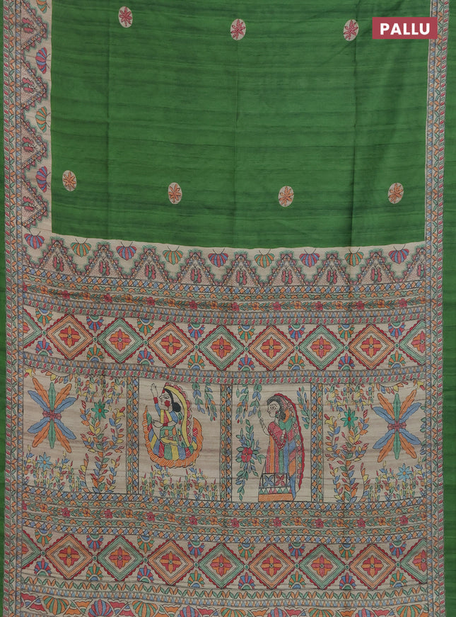 Semi tussar saree green and cream with butta prints and madhubani printed pallu & border