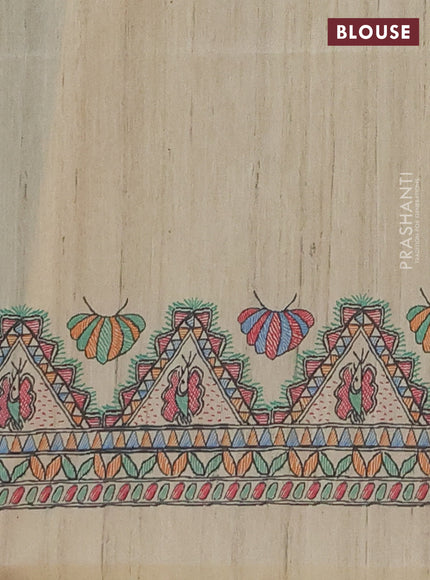 Semi tussar saree green and cream with butta prints and madhubani printed pallu & border
