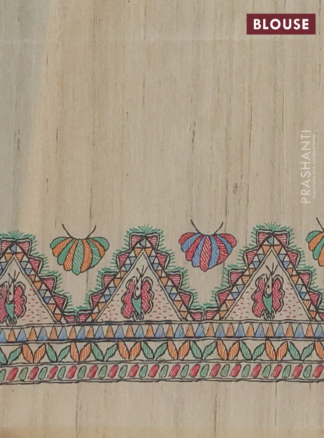 Semi tussar saree green and cream with butta prints and madhubani printed pallu & border