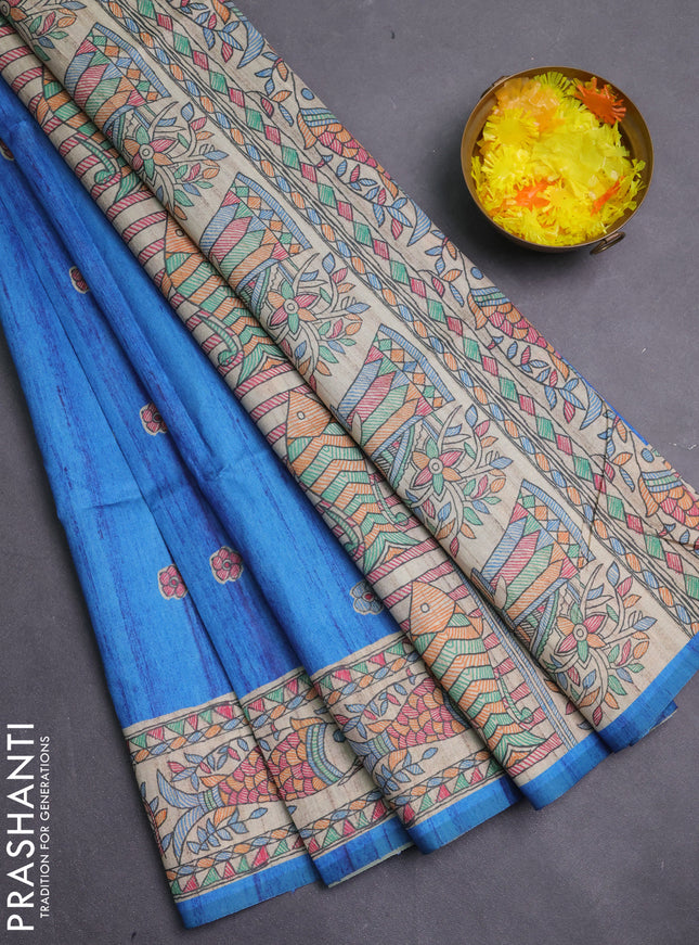 Semi tussar saree blue and beige with butta prints and madhubani printed pallu & border