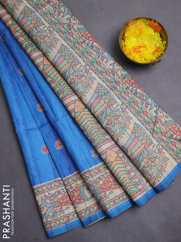 Semi tussar saree blue and beige with butta prints and madhubani printed pallu & border