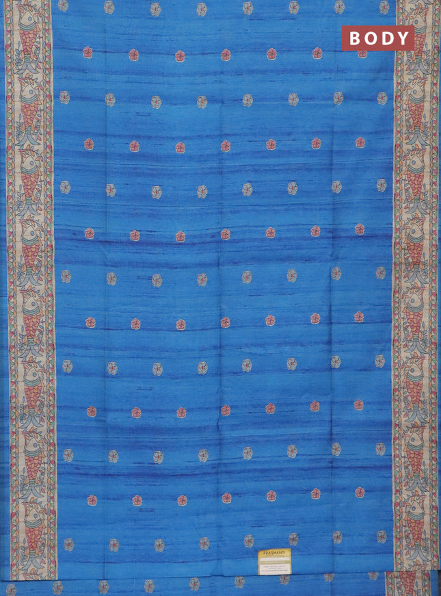 Semi tussar saree blue and beige with butta prints and madhubani printed pallu & border