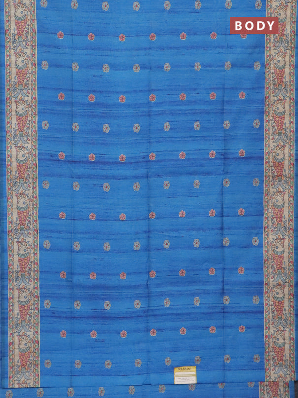 Semi tussar saree blue and beige with butta prints and madhubani printed pallu & border