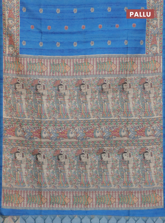 Semi tussar saree blue and beige with butta prints and madhubani printed pallu & border