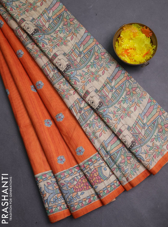 Semi tussar saree orange and beige with butta prints and madhubani printed pallu & border
