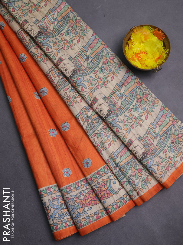 Semi tussar saree orange and beige with butta prints and madhubani printed pallu & border