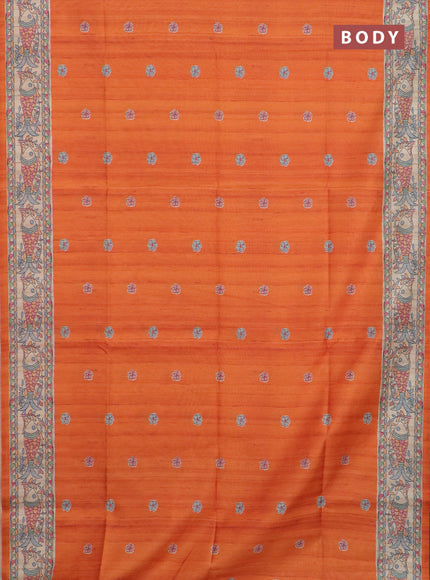 Semi tussar saree orange and beige with butta prints and madhubani printed pallu & border