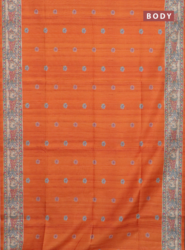 Semi tussar saree orange and beige with butta prints and madhubani printed pallu & border