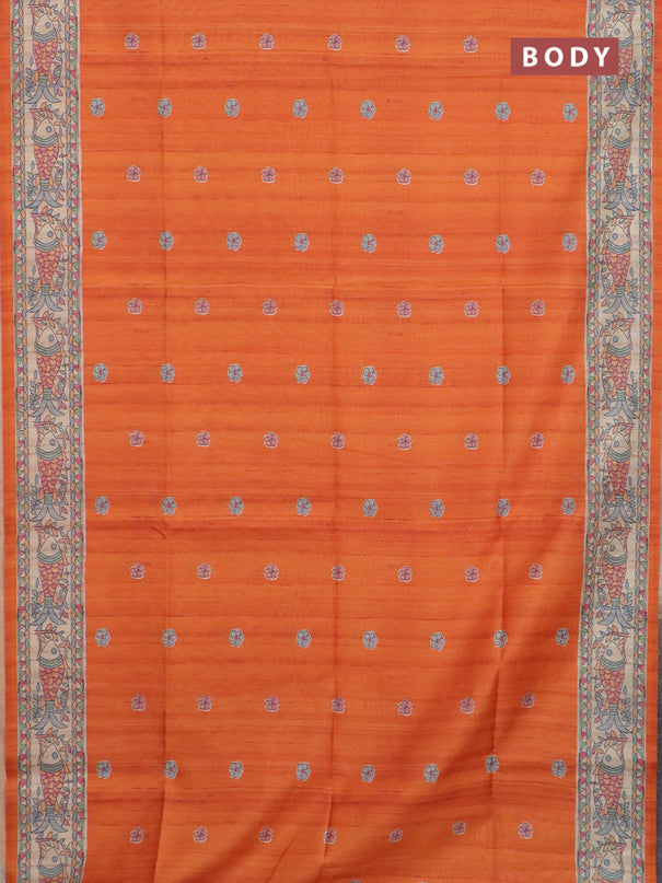 Semi tussar saree orange and beige with butta prints and madhubani printed pallu & border