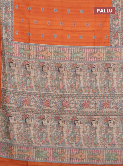 Semi tussar saree orange and beige with butta prints and madhubani printed pallu & border