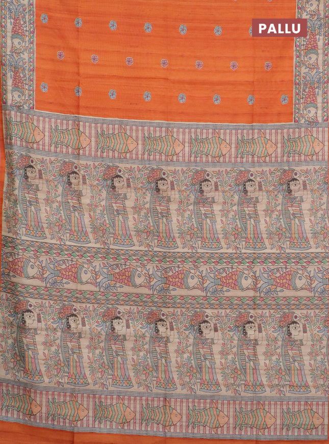 Semi tussar saree orange and beige with butta prints and madhubani printed pallu & border