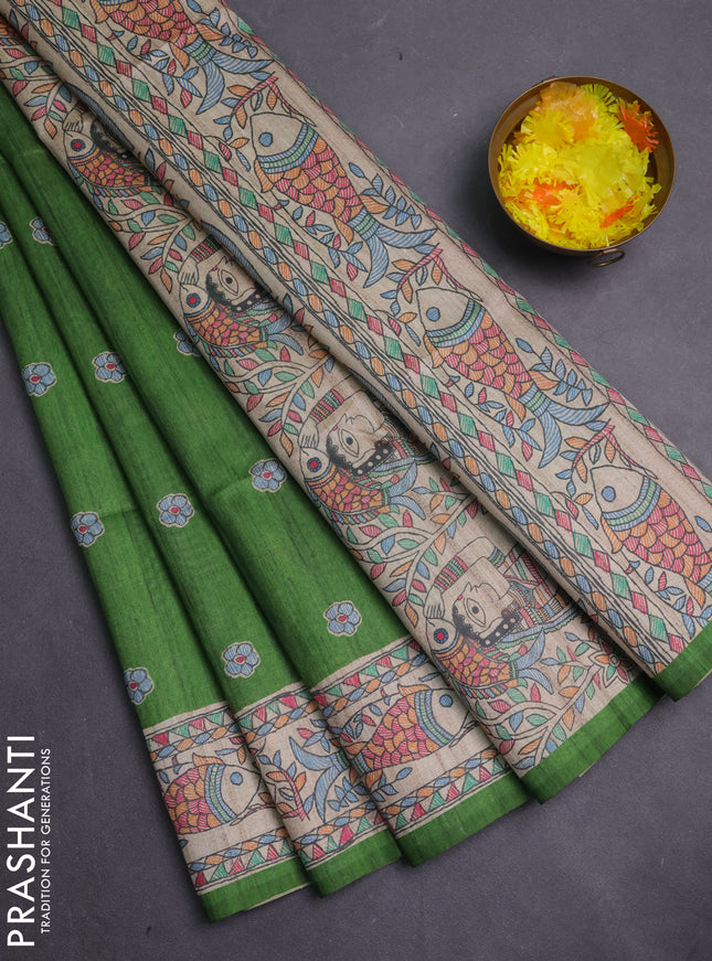 Semi tussar saree green and beige with butta prints and madhubani printed pallu & border