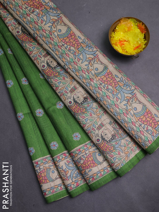 Semi tussar saree green and beige with butta prints and madhubani printed pallu & border