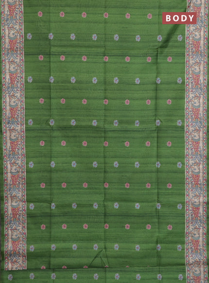 Semi tussar saree green and beige with butta prints and madhubani printed pallu & border