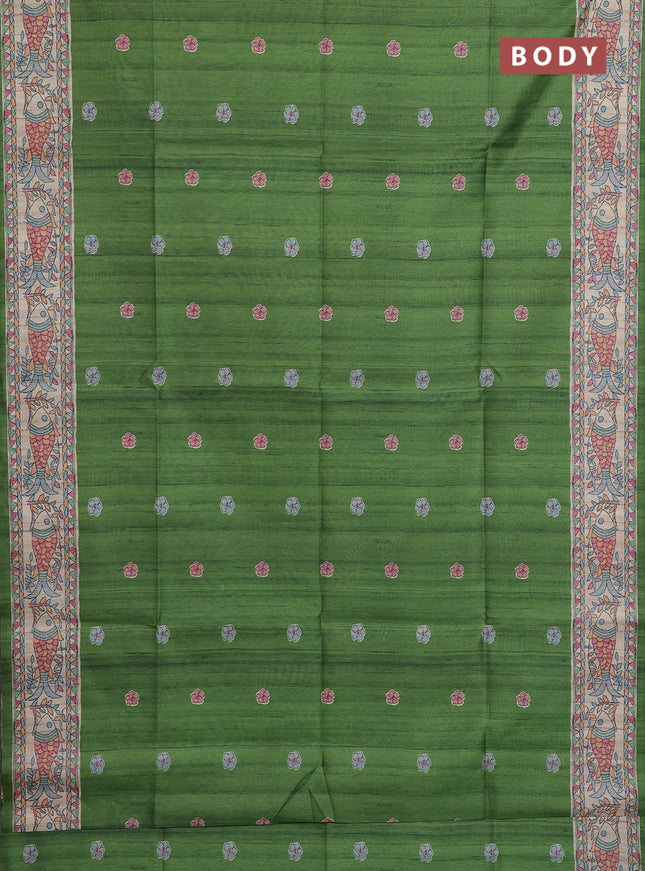 Semi tussar saree green and beige with butta prints and madhubani printed pallu & border