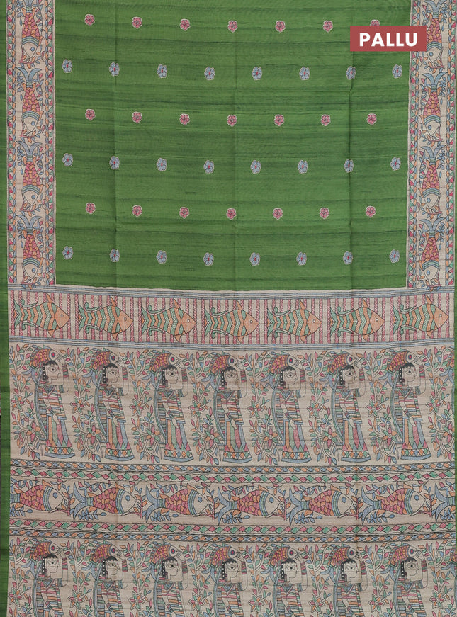 Semi tussar saree green and beige with butta prints and madhubani printed pallu & border