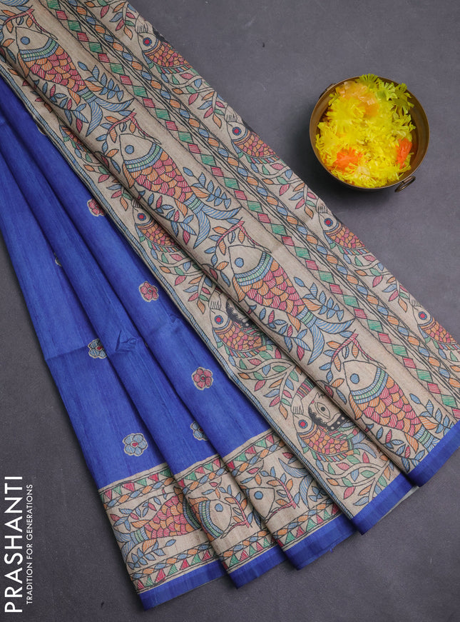 Semi tussar saree blue and beige with butta prints and madhubani printed pallu & border