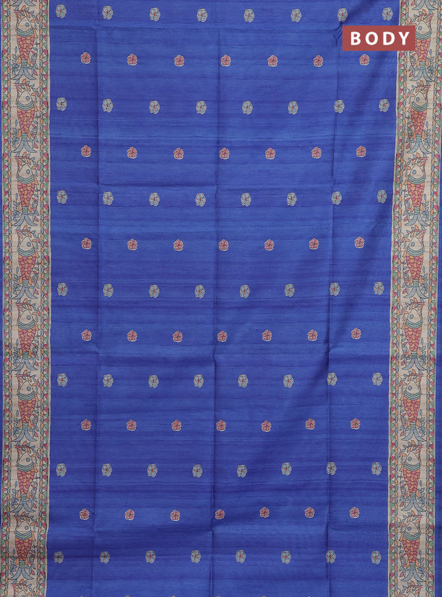 Semi tussar saree blue and beige with butta prints and madhubani printed pallu & border