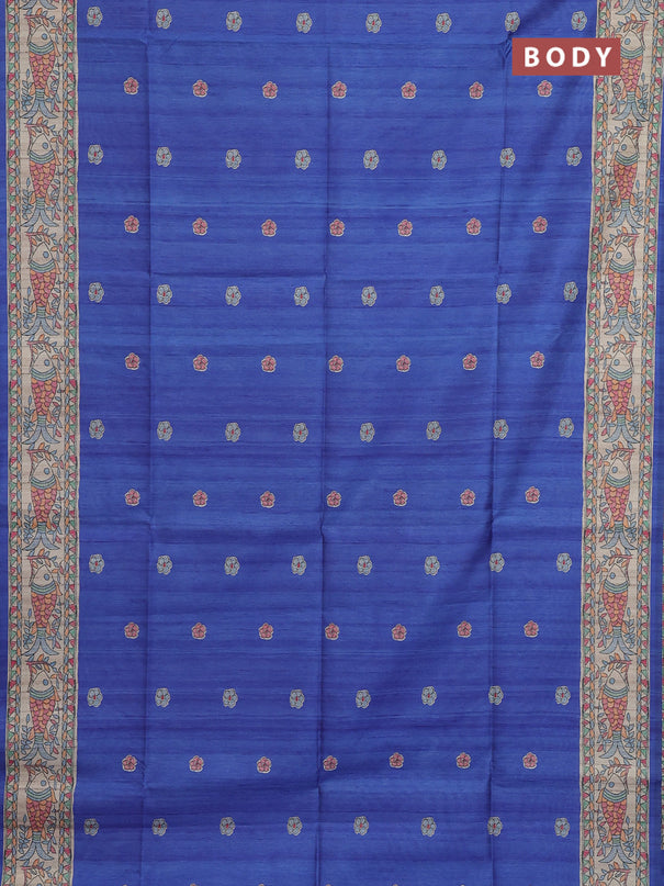 Semi tussar saree blue and beige with butta prints and madhubani printed pallu & border