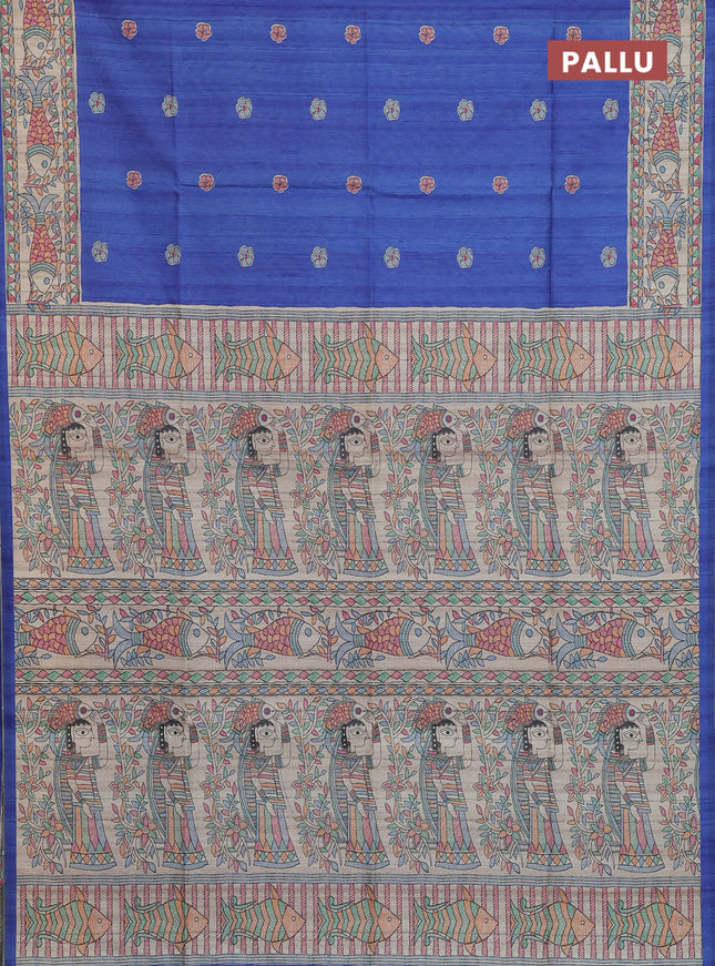 Semi tussar saree blue and beige with butta prints and madhubani printed pallu & border