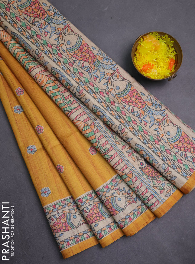 Semi tussar saree mustard yellow and beige with butta prints and madhubani printed pallu & border